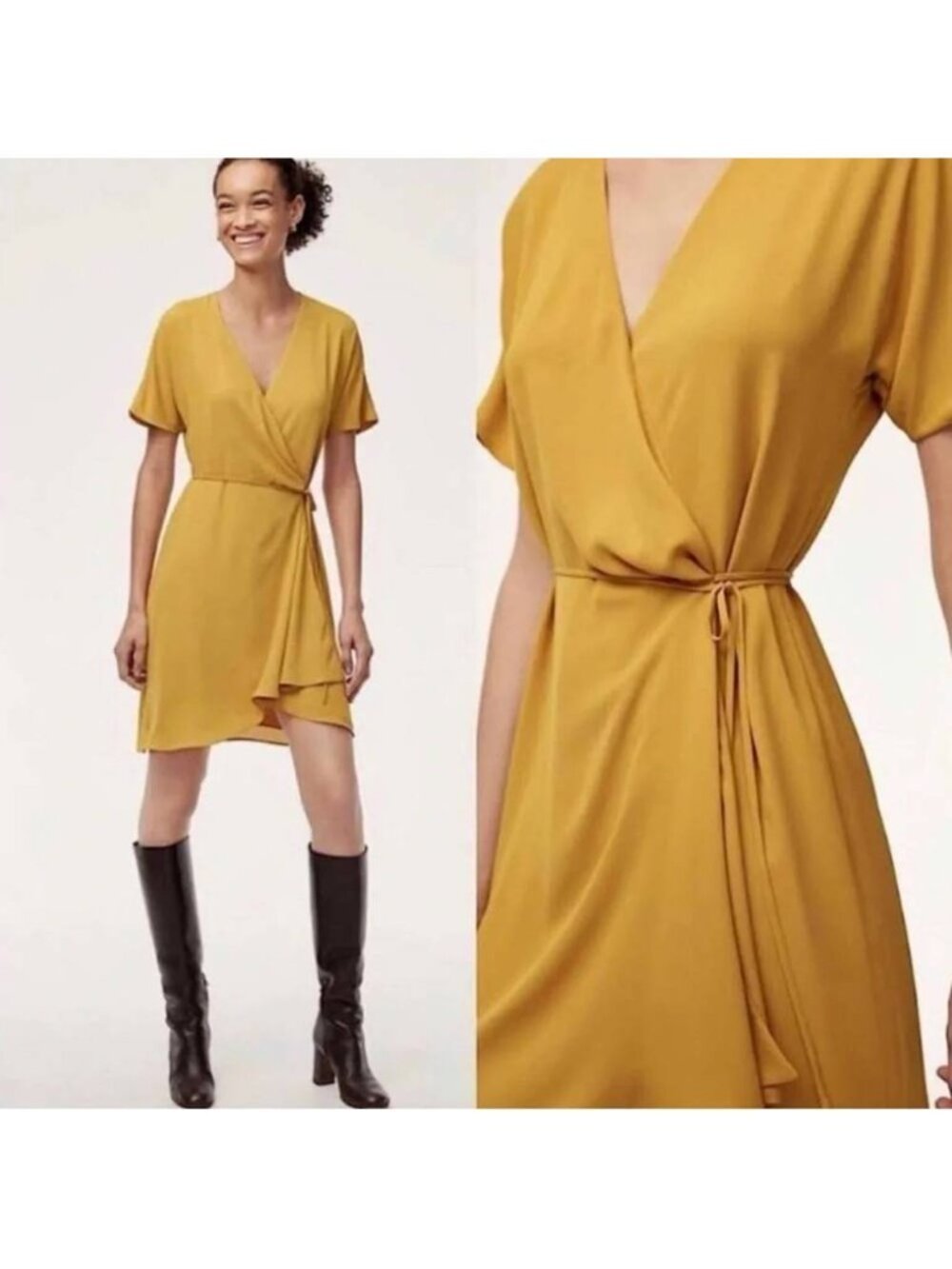 Aritzia Babaton Wallace Short Sleeves Wrap Mini Dress in Mustard Yellow